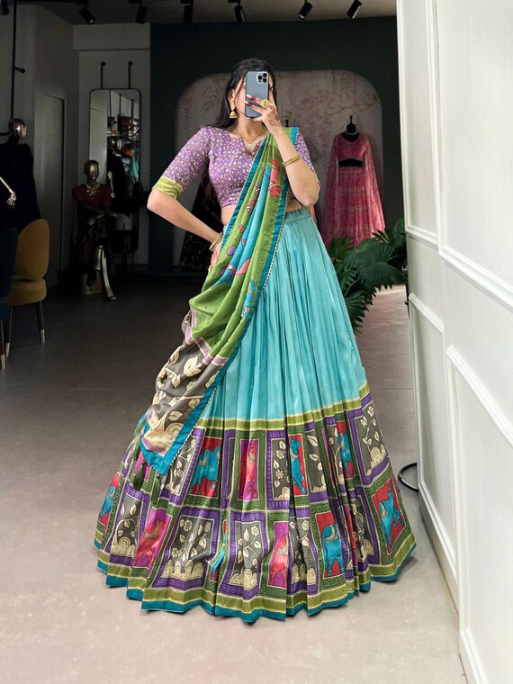 Sea Green Kalamkari Print Lehenga Choli for Women, Designer Tussar
