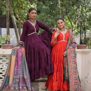 Orange Anarkali Gown: Roman Silk Mirror Work Indian Dress