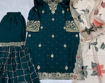 Abito Sharara in chino verde, ricamo di paillettes, abito da sposa pakistano