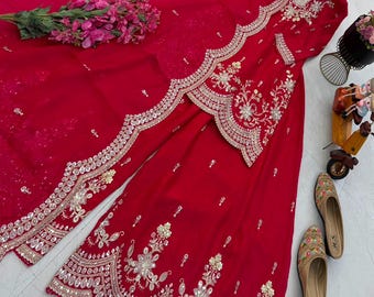 Designer-Sharara-Set, Fendy Satin-Kurta mit Stickerei und Paillettenbesatz & passendem Dupatta für Damen