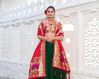 Grüne Vichitra Seide Lehenga Choli mit Paithani Dupatta