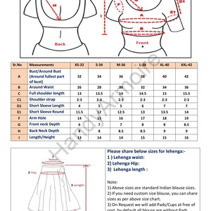 May include: A chart with measurements for a women's choli, or blouse, in different sizes. The chart includes measurements for bust, waist, shoulder length, sleeve length, and neck depth. The chart also includes a diagram of the choli with labels for each measurement.