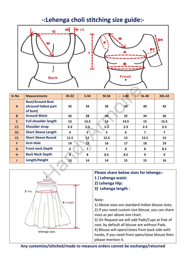 May include: A chart with measurements for a women's choli, or blouse, in different sizes. The chart includes measurements for bust, waist, shoulder length, sleeve length, and neck depth. The chart also includes a diagram of the choli with labels for each measurement.