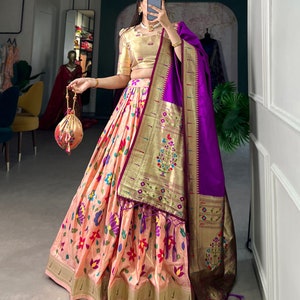 Peach Paithani Lehenga Choli with Zari Weaving Work, Dupatta & Batwa