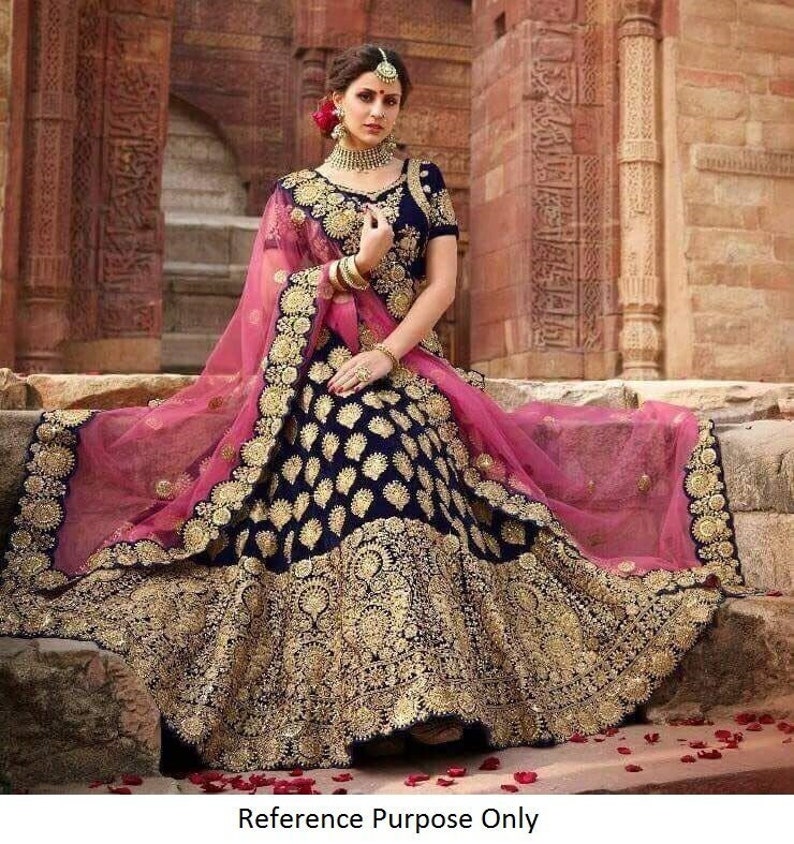 Blue lehenga for women,velvet lehenga choli with fancy embroidery zari work,new bridal wedding lehenga for reception,Indian wedding outfits image 1