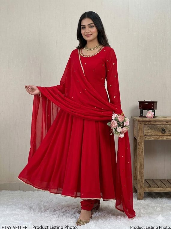 Sangeet Glam Lipstick Pink Gown | Shimmering LCD Stone Handwork | Fluid Georgette 3pc Set | Plain Comfort Pant & Moti Work Dupatta