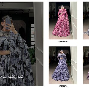 May include: Four different styles of a long, flowing, printed skirt with a matching top. The skirt is gathered and has a ruffled appearance. The top is a long-sleeved crop top. The colors are pink, blue, black, and gray.