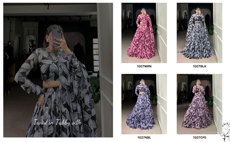 May include: Four different styles of a long, flowing, printed skirt with a matching top. The skirt is gathered and has a ruffled appearance. The top is a long-sleeved crop top. The colors are pink, blue, black, and gray.