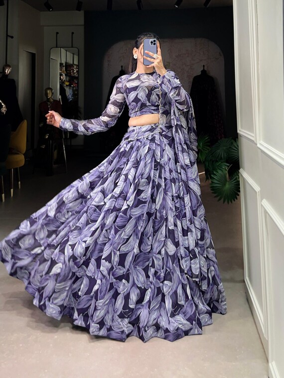 Floral Print Tabby Silk Lehenga Choli: Navy Blue Lengha Set