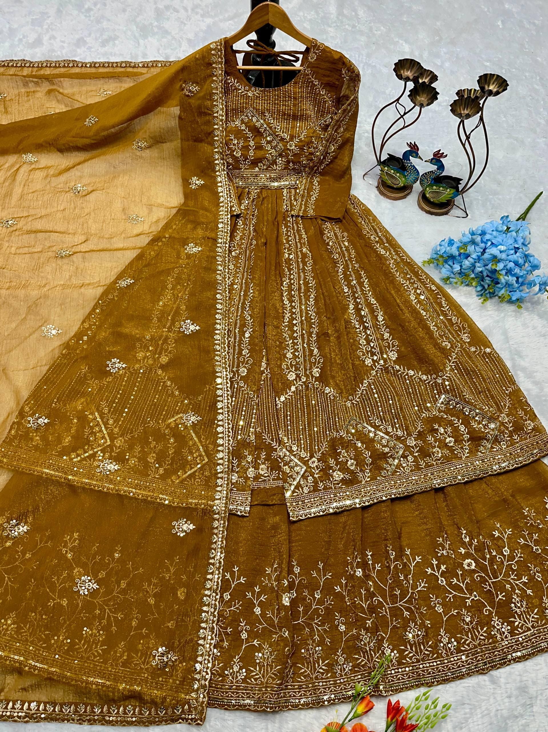 Premium Crunchy Silk Gown Lehenga Suit Full Sleeve Embroidery Work Ghagra Four Side Lace Border Dupatta Ready to Wear Indian Outfit