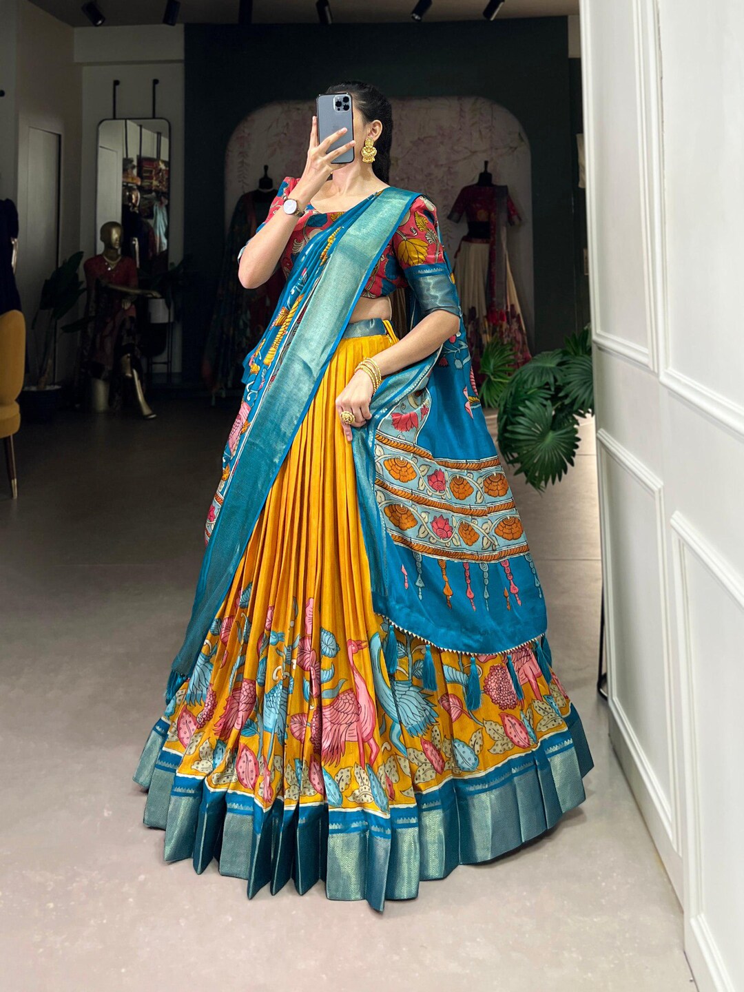 Kalmkari Dola silk Unstitched Lehengas