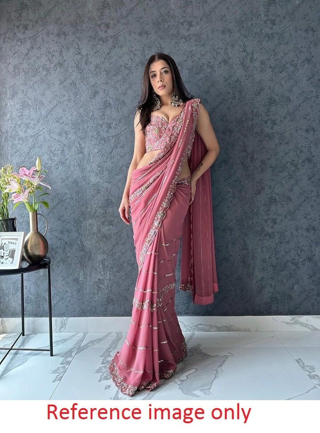 Blossom Pattern Georgette Saree with Embroidered Stitched Blouse – Elegant Wedding Reception Wear main image 0