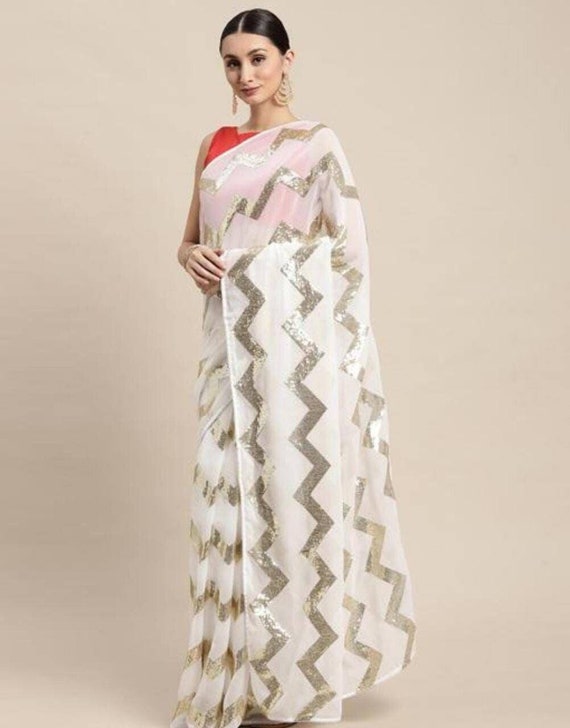 White Color Georgette Saree With Zig Zag Sequence Work for Women