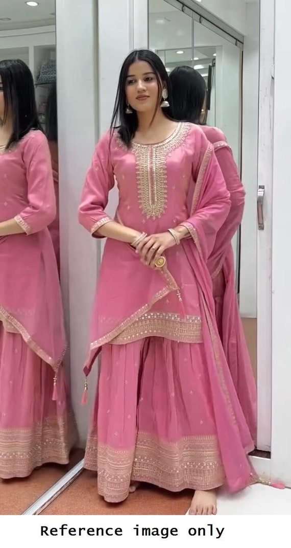 Chinon Silk Pink Kurti Palazzo Set for Women, Designer Sharara 