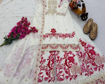 Off white and cream sharara for women, embroidered vichitra silk palazzo suit,Indian ethnic wear for festive,Wedding kurta sharara for girls