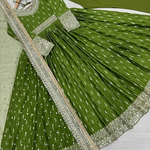 Chinon silk anarkali gown suit for women USA, mahendi  green gown for function, sequin embroidered gown dress for festive,wedding gown dress