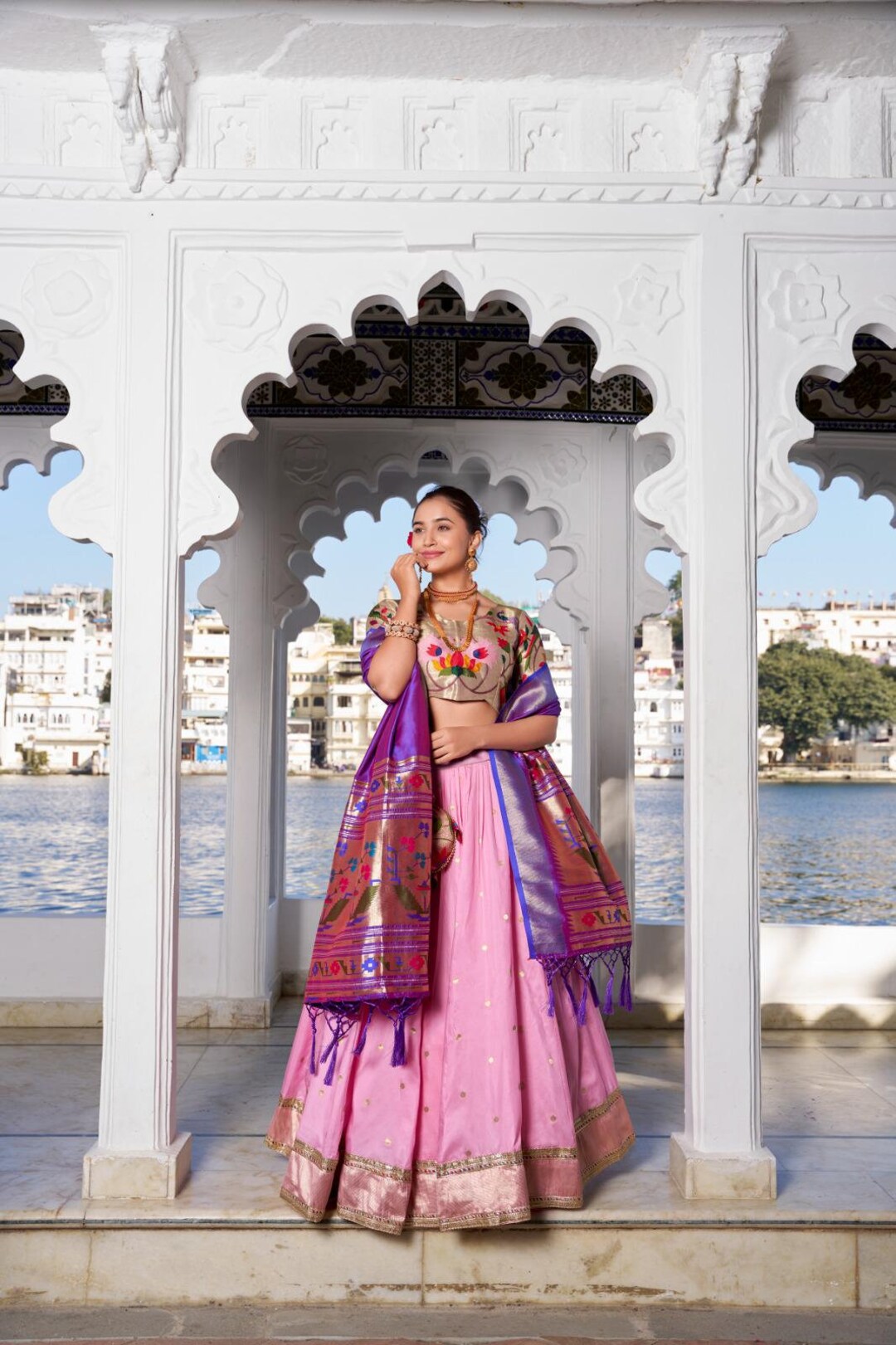 Green Paithani Silk Lehenga Choli with Pink Rich Zari Dupatta and Matching Blouse main image 0