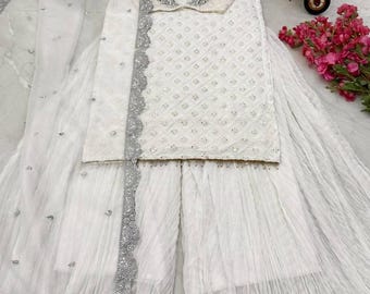 Embroidered Palazzo Suit, Off White Faux Georgette Sharara Set