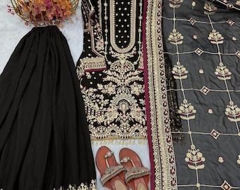 Black Embroidered Palazzo Suit: Faux Georgette Kurta Sharara Set