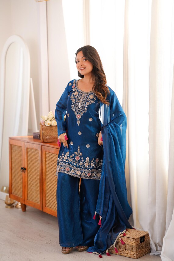 Teal Indigo Deep Sea Blue Dress | Heavy Embroidered Fendi Silk Top | Solid Comfort Fit Pants | Matching Motif Latkan Scarf Set