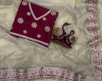 Sari de red de sarga de diseño, sari festivo para bodas indias, borde elegante