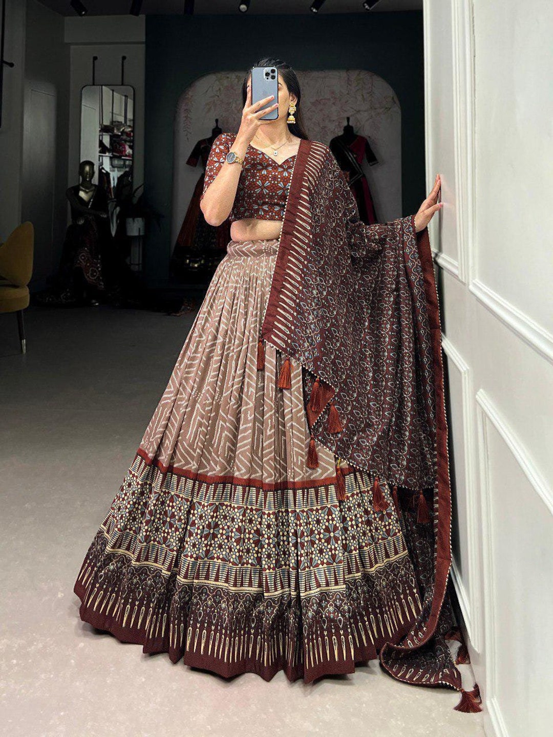 Pure Cotton With Ajarakh Print And Ribbon Work & Canvas Patta Lehenga Choli