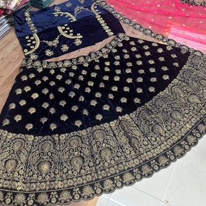 Blue lehenga for women,velvet lehenga choli with fancy embroidery zari work,new bridal wedding lehenga for reception,Indian wedding outfits image 2