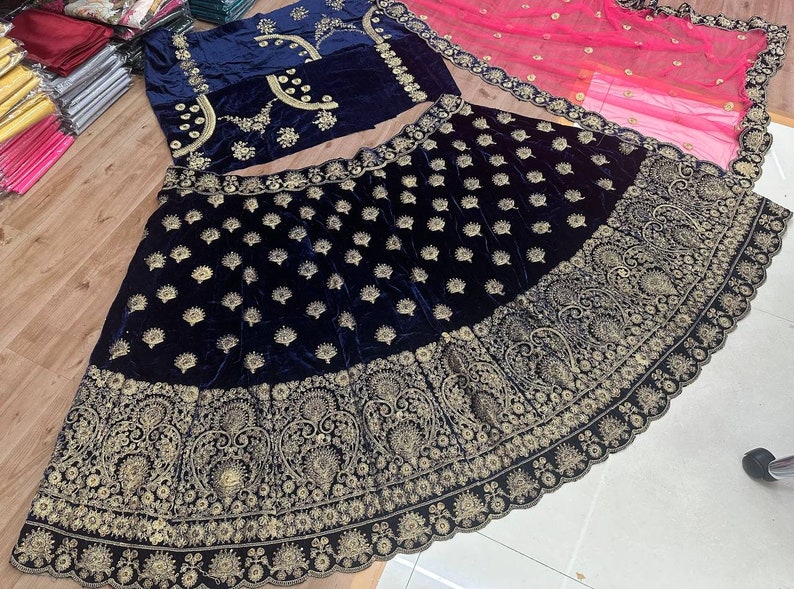 Blue lehenga for women,velvet lehenga choli with fancy embroidery zari work,new bridal wedding lehenga for reception,Indian wedding outfits image 2