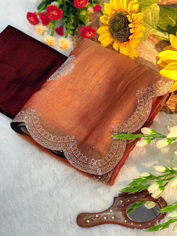 Metallic Copper Festive Saree, Full Siroski Work Pattern, Cut Work Scalloped Border, 9000 Velvet Blouse, Elegant Indian Silk Sari, 5.5 Meter