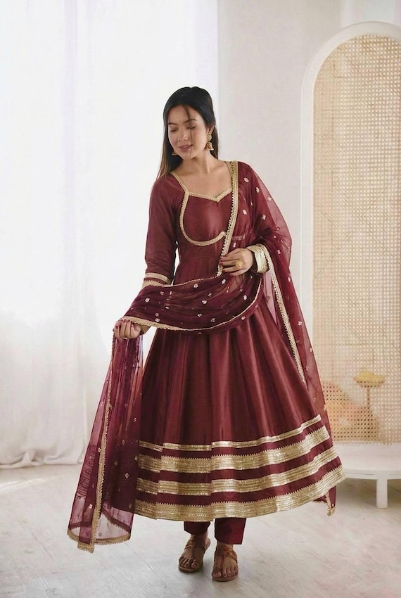 burgundy anarkali dress Maroon Gown Set, Kali Cut Lace Work, Festive Indian Three-piece Suit Love Don't Cost A