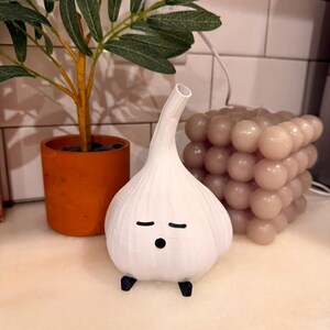 Unlit white garlic lamp on a kitchen counter with a plant, tile, and a white cable