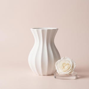 White matte textured fluted minimalist vase beside a cream rose on a clear round stand, against a soft blush pink background.