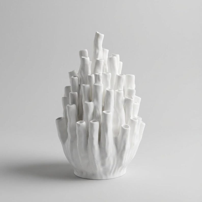 Matte white textured coral vase with no flowers on a light gray background, showing its branching tubes. The sculptural vase stands 7.9 inches tall and 4.7 inches wide.
