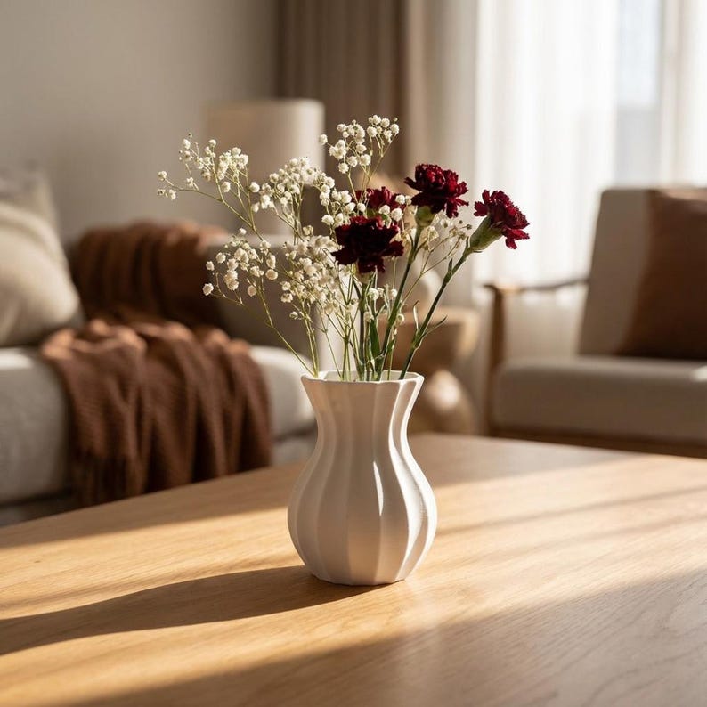White matte textured fluted flower vase with burgundy and white blooms on a sunlit wooden table in a living room with a rust-colored throw on a sofa behind it.
