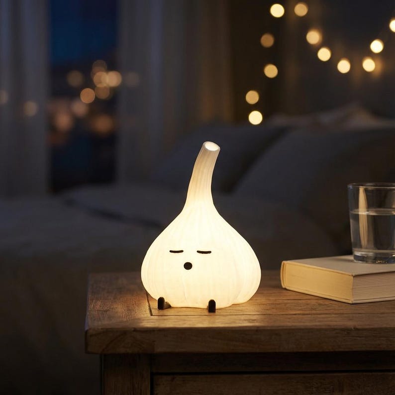 Glowing garlic lamp with a matte textured warm-white body on a wood side table beside a closed book, a clear water tumbler and soft string lights. A cozy garlic lamp kitchen night light.