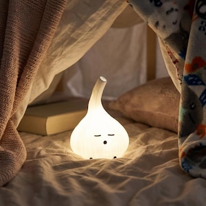 Warm glowing garlic lamp tucked into a blanket with a book behind it
