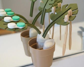 Monstera Bathroom Organizer | Wall Mirror Accessory | Toothbrush & Jewelry Holder | Plant Leaf Decor