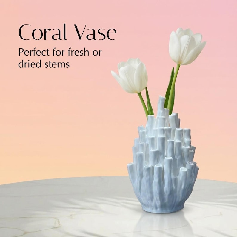 Product graphic reading "Coral Vase" with small caption text, showing a coral vase with white tulips on a peach pink background.