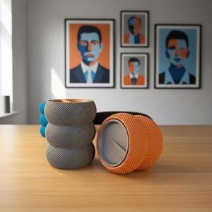 May include: An orange and gray speaker and a gray textured container sit on a wooden table. The speaker has a circular design with a gray center. The container is cylindrical with a textured surface and a wooden interior.