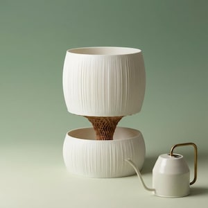 自動給水プランター – Pallas モダンリブポット（リザーバー付き） | 吸水式屋内プランター、ミニマルホワイト