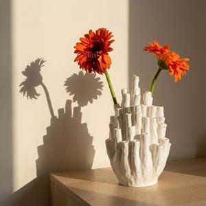 Matte white textured vase holding orange flowers on a wooden surface, casting soft shadows on a beige wall.