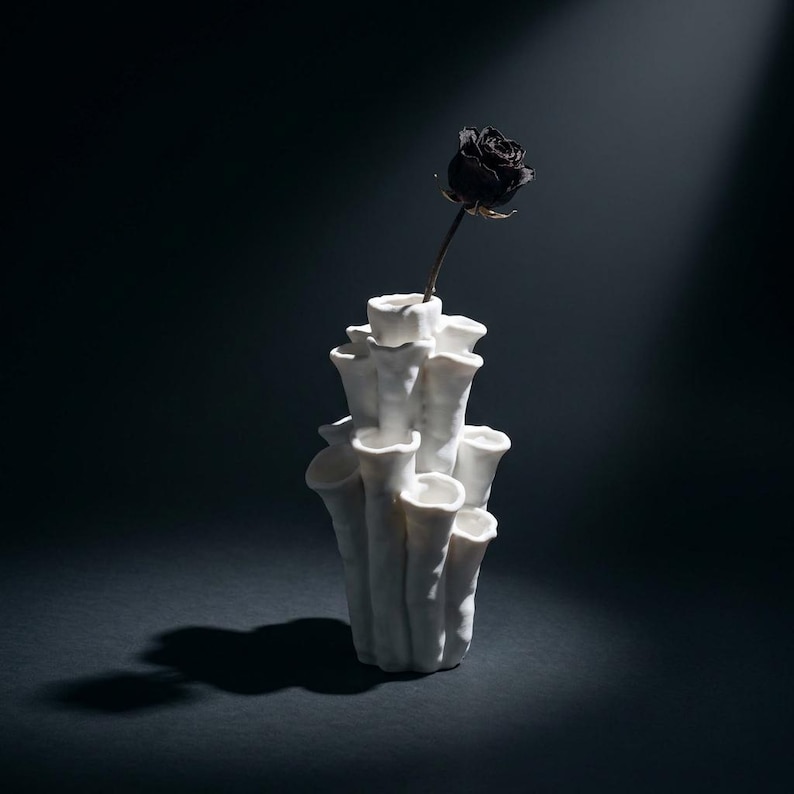 Matte white textured coral vase lit dramatically against a dark black background, with a single dark rose in one of its openings. Sculptural vase about 7.2 in tall.