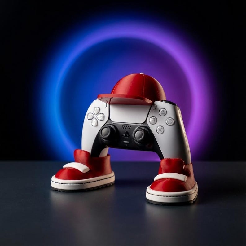 White controller holder with a matte red baseball cap and red and white sneakers holding a white controller in front of a glowing blue and purple ring on a dark reflective surface, a gaming room decor piece.