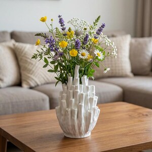 Matte white coral vase with mixed wildflowers on a table in a living room with a sofa, showing it as japandi decor.