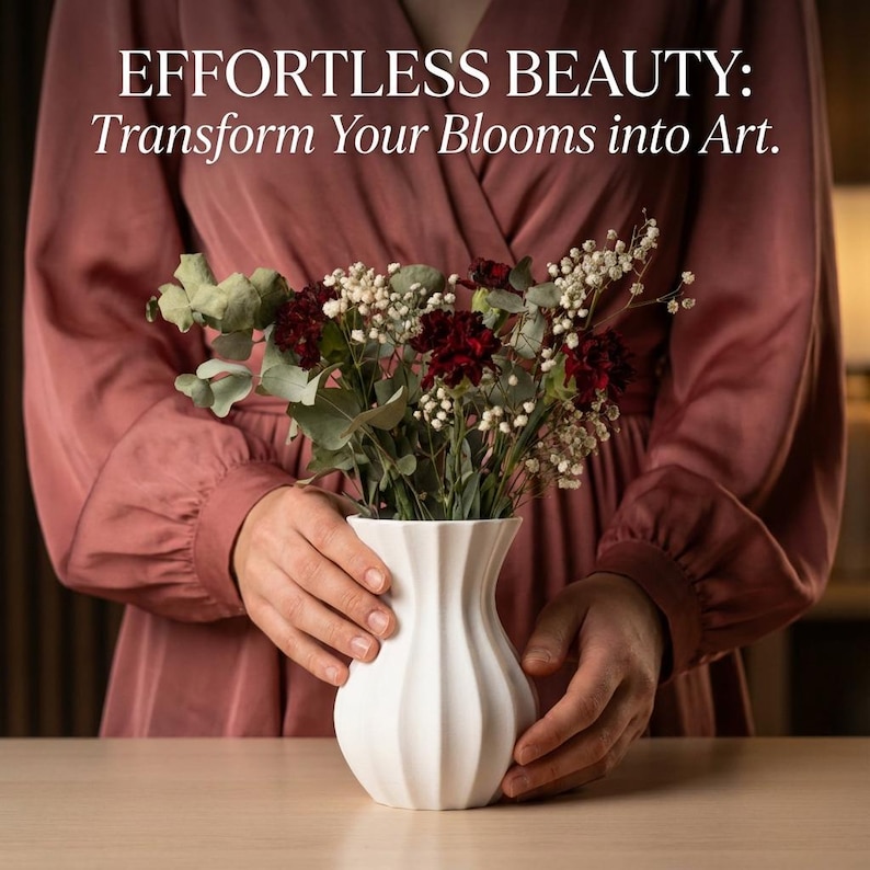 Woman in a rose-colored dress holding a white matte textured fluted flower vase filled with burgundy and green stems, with the text "EFFORTLESS BEAUTY: Transform Your Blooms into Art."