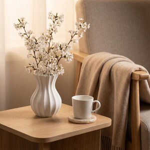 White matte textured fluted minimalist vase with white blossom branches on a wooden side table next to a white mug, beside an armchair draped with a beige blanket.