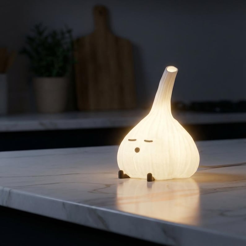 Glowing garlic lamp with a matte textured warm-white body on a white-veined tabletop, with a blurred cutting board and plants behind it. A garlic lamp that works as a kitchen night light.