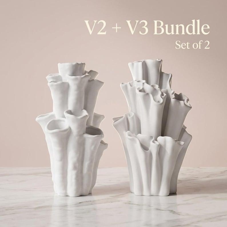 Two matte white textured coral vases side by side under a "V2 + V3 Bundle, Set of 2" label. Sculptural vase pair, each about 7.2 in tall, a gift for plant lover.