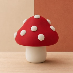 May include: A mushroom-shaped lamp featuring a vibrant red cap adorned with raised white circular spots. The base of the lamp is a solid, smooth, cylindrical white form that supports the wide, rounded cap, creating a distinct fungal silhouette.