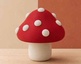 May include: A mushroom-shaped lamp featuring a vibrant red cap adorned with raised white circular spots. The base of the lamp is a solid, smooth, cylindrical white form that supports the wide, rounded cap, creating a distinct fungal silhouette.
